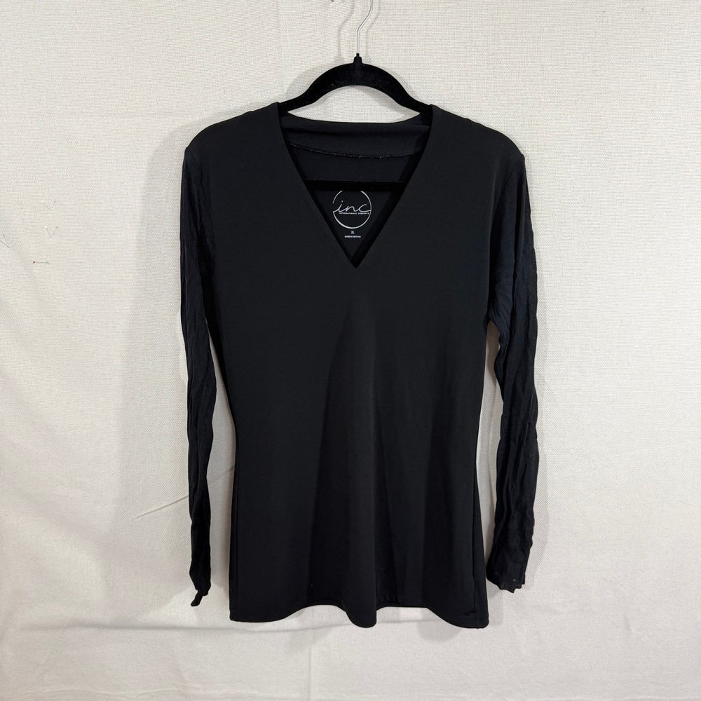 INC International Concepts Black V-Neck Top Sheer Mesh Sleeves XL Womens